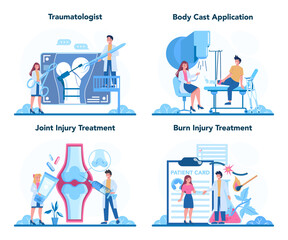 Traumatologist and trauma surgery doctor set. Injured limb, broken