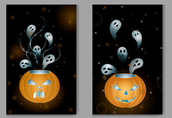 halloween cards, glowing pumpkins on dark background