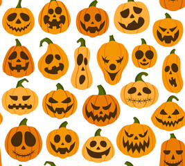 Halloween Pattern with vector scary, spooky, creepy pumpkins of various shapes and emotions in flat style on white background.