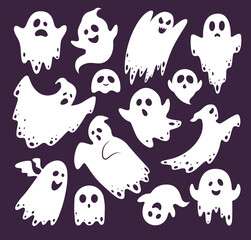 Funny Halloween ghosts set of various shapes. White flying spooky ghost silhouette isolated on dark background. 