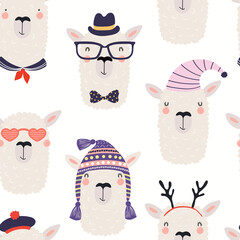 Cute funny llama faces in hats and glasses seamless pattern, on a white background. Hand drawn vector illustration. Scandinavian style flat design. Concept for kids textile, fashion print, wallpaper.