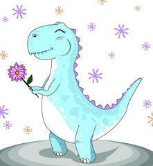 Cute tyrannosaurus in vector blue dinosaur with flower