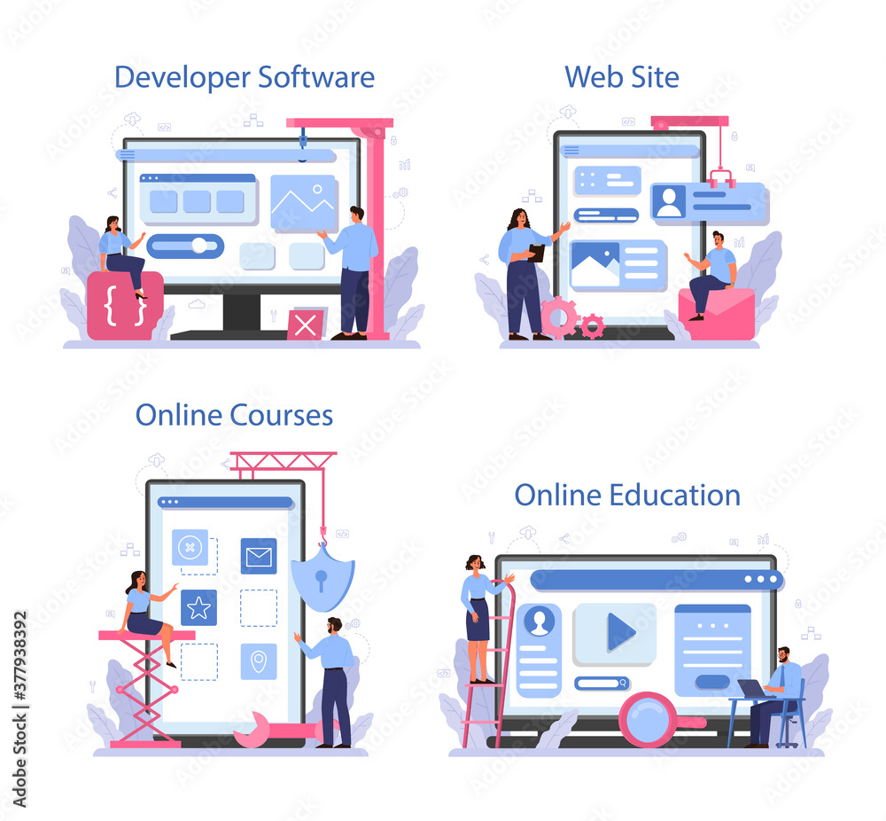 Poster software developer online service or platform set. idea of programming