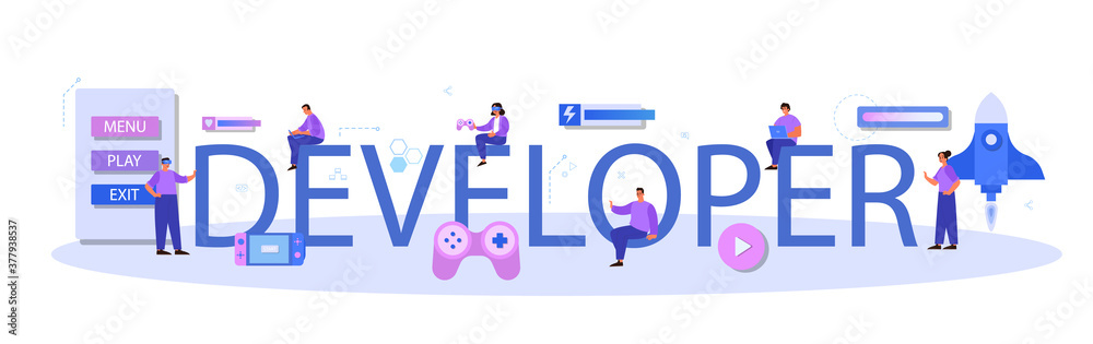 Wall mural game developer typographic header. creative process of a computer