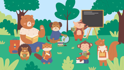 Forest animals in school vector illustration. Cartoon flat cute wild animalistic students kids characters sitting on green grass meadow among forest trees, schooling and studying in class background