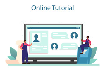 Wall papering online service or platform. Worker gluing wallpapers