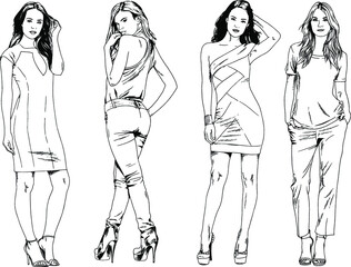 vector drawings on the theme of beautiful slim sporty girl in casual clothes in various poses painted ink hand sketch with no background