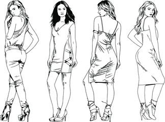 vector drawings on the theme of beautiful slim sporty girl in casual clothes in various poses painted ink hand sketch with no background