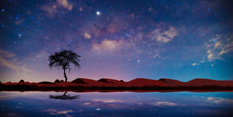 Amazing Panorama blue night sky milky way and star on dark background.Universe filled with stars,...