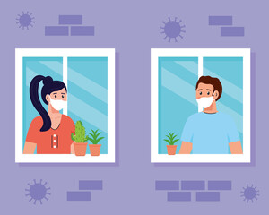 stay home, quarantine or self isolation,house facade with windows and couple look out of home, stay safe quarantine concept vector illustration design