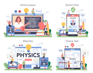 Physics school subject online service or platform set. Scientist explore