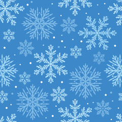 Fototapeta na wymiar Snowflakes on blue background seamless pattern. New Year or Christmas decoration. Vector illustration of winter ornament in cartoon flat style.