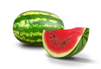 Ripe watermelon and slice isolated on white background	
