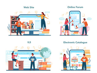 Librarian online service or platform set. Library staff lending out