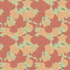 Pattern of red and yellow roses on a green background vector illustration