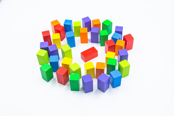 Untidy variety colorful blocks see sleep red block at white background