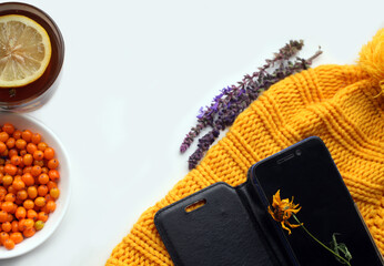 a cup of tea with lemon slice, autumn berries, knitted hat and mobile phone. Autumn concept. Space for text.