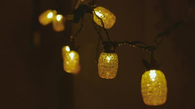Hanging Pineapple String Lights in a Dark Room, Wide
