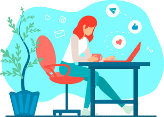 Red haired girl sitting and tha laptop with cup of coffee in the hand.Minimalistic interior of the home or office.Personal or business correspondence,work from home,online education concept.