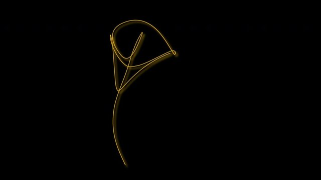 Self drawing animation of golden calla lily flower on black background. Copy space. 