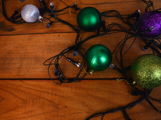 New Year's layout on a wooden background. Christmas decorations.