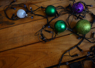 New Year's layout on a wooden background. Christmas decorations.