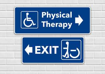 Obraz premium A wheelchair accessible sign points the way to physical therapy and pointing the other way toward the exit is a person standing in a wheelchair sign.