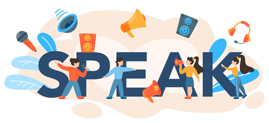 Speak typographic header. Peson speaking to a microphone.