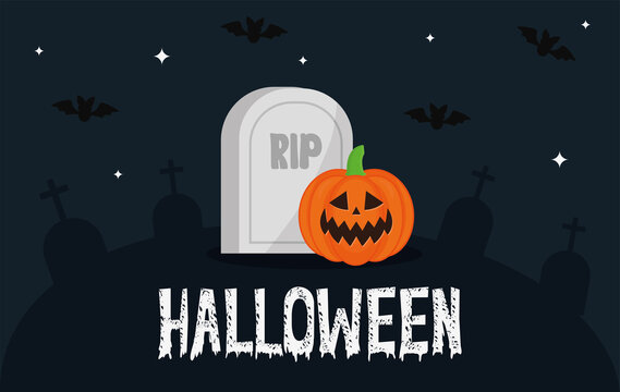 Halloween pumpkin cartoon with grave and bats vector design
