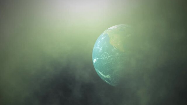 Planet earth pollution concept. World in green toxic smoke, global warming and pollution background. 4K 3D globe with flare light, clouds and smog floating in space showing contamination and chaos.