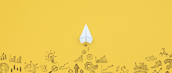 Business success, innovation and solution concept, Paper plane and business strategy on yellow background - obrazy, fototapety, plakaty