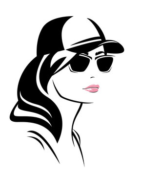 cool girl wearing sunglasses and baseball cap - beautiful young woman wearing casual clothes vector portrait