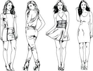 vector drawings on the theme of beautiful slim sporty girl in casual clothes in various poses painted ink hand sketch with no background