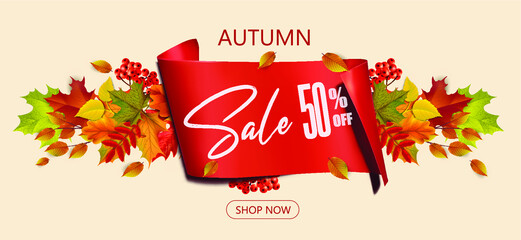 Greetings and gifts for the autumn and autumn season concept. Autumn background, poster and banner template with colorful autumn leaves.