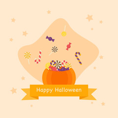This is an illustration of pumpkin and candy on a light background. Flat style. Could be used for flyers, postcards, banners, holidays, etc.