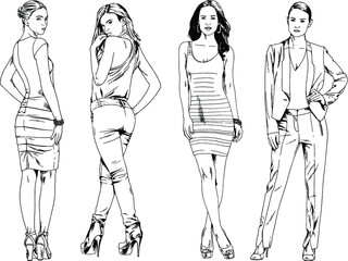 vector drawings on the theme of beautiful slim sporty girl in casual clothes in various poses painted ink hand sketch with no background