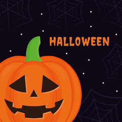 Halloween pumpkin cartoon with spiderwebs vector design