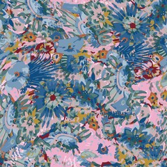 Cute pattern in a small flower. Little colorful flowers. Colorful and bright summer silhouette. Abstract seamless pattern with leaves and flowers. Background with floral vector for modern style.