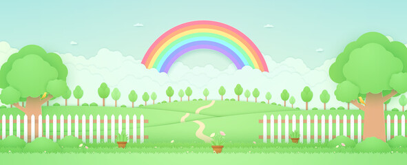 Spring Time, landscape, trees on the hill, rainbow in the sky, garden with plant pots, flowers on grass and fence, bird on the branch, paper art style