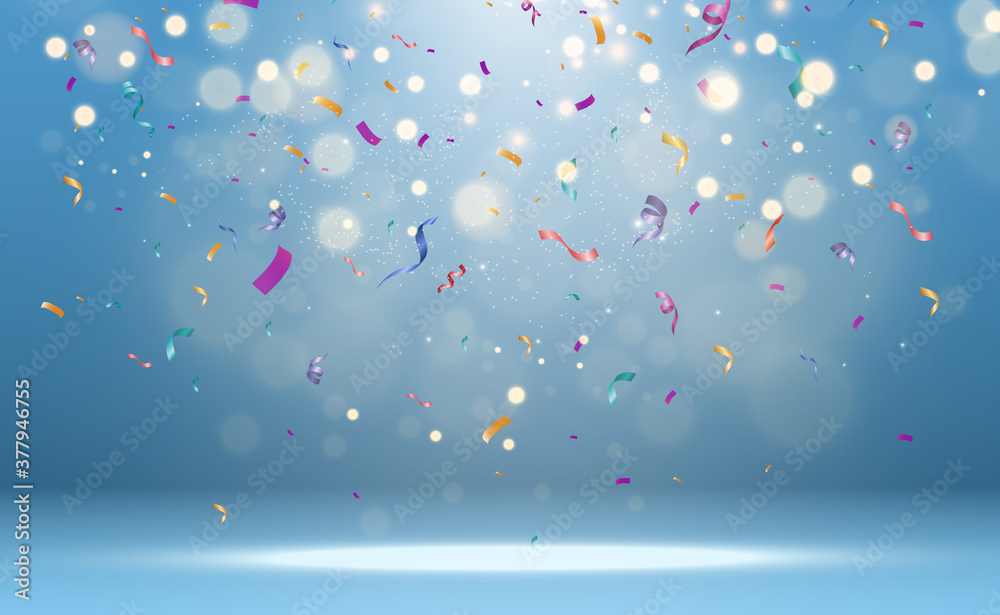 Poster Lots of colorful tiny confetti and ribbons on transparent background. Festive event and party. Multicolor background.Colorful bright confetti isolated on transparent background