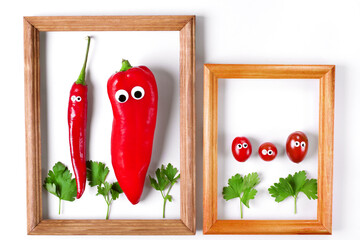 Red peppers and cherry tomatoes with googly eyes inside the wooden picture frame. Creative vegetable composition. Funny food