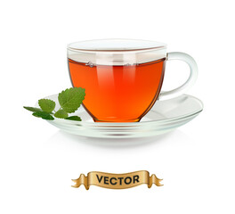 Cups of tea with green leaves on white background