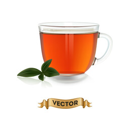 Cups of tea with green leaves on white background