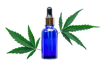 Hemp oil serum in blue glass dropper bottle with cannabis leaves isolated on white background. Cannabis leaf with skincare cosmetic product
