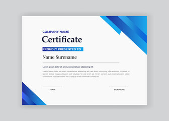 certificate of appreciation award template with blue  shapes and badge diploma vector template