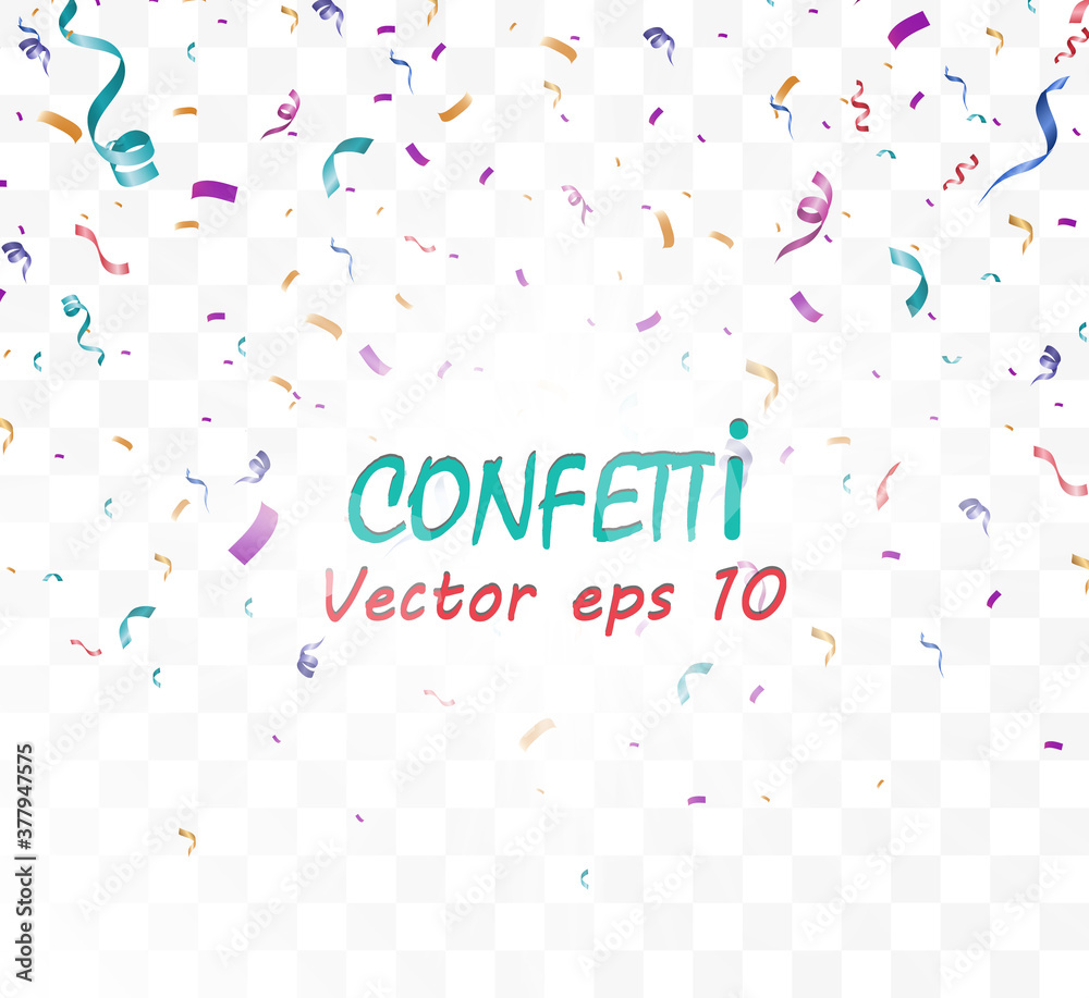 Poster Lots of colorful tiny confetti and ribbons on transparent background. Festive event and party. Multicolor background.Colorful bright confetti isolated on transparent background