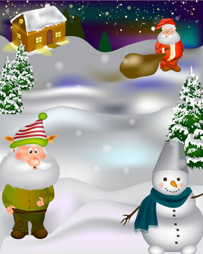 Christmas poster design with Santa Claus, elf and snowman.