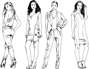 vector drawings on the theme of beautiful slim sporty girl in casual clothes in various poses painted ink hand sketch with no background