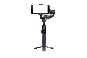 Mobile phone is mounted on a 3-axis motor stabilizer for smooth video recording isolated on white background. - obrazy, fototapety, plakaty