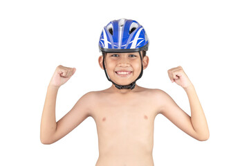 The boy wore a helmet for cycling,  skateboarding, inline skates standing and smiling but no...